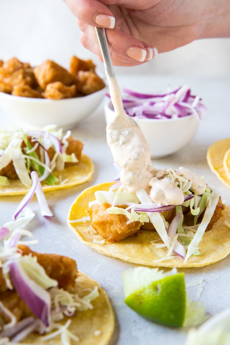 Adding Baja Sauce to Beer Battered Fish Tacos