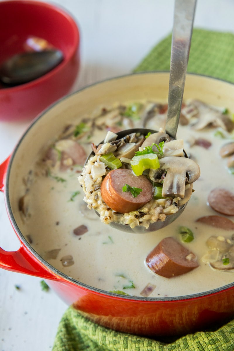 serving Wild Rice Mushroom and Sausage Soup