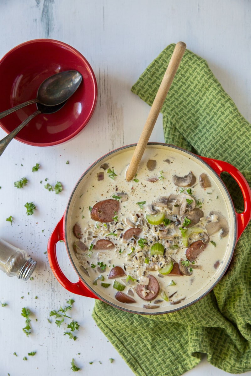 pot of Wild Rice Mushroom and Sausage Soup