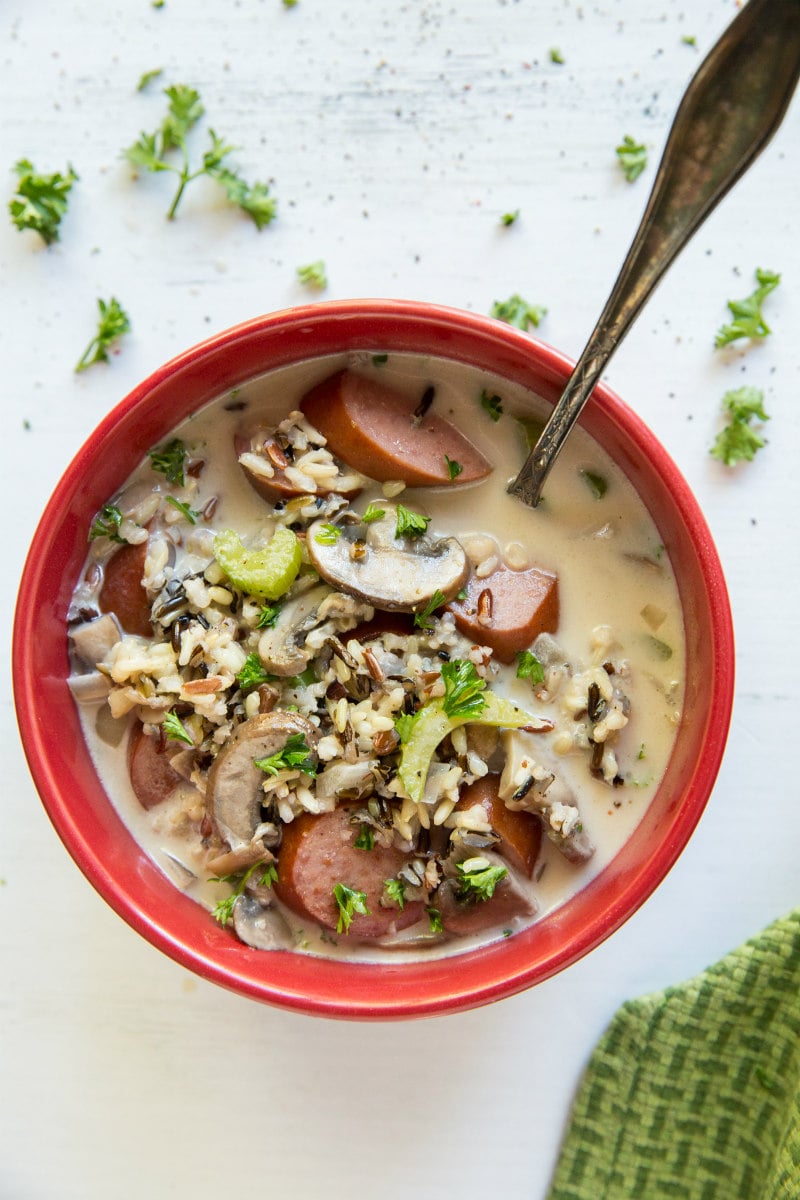 Bowl of Wild Rice Mushroom and Sausage Soup