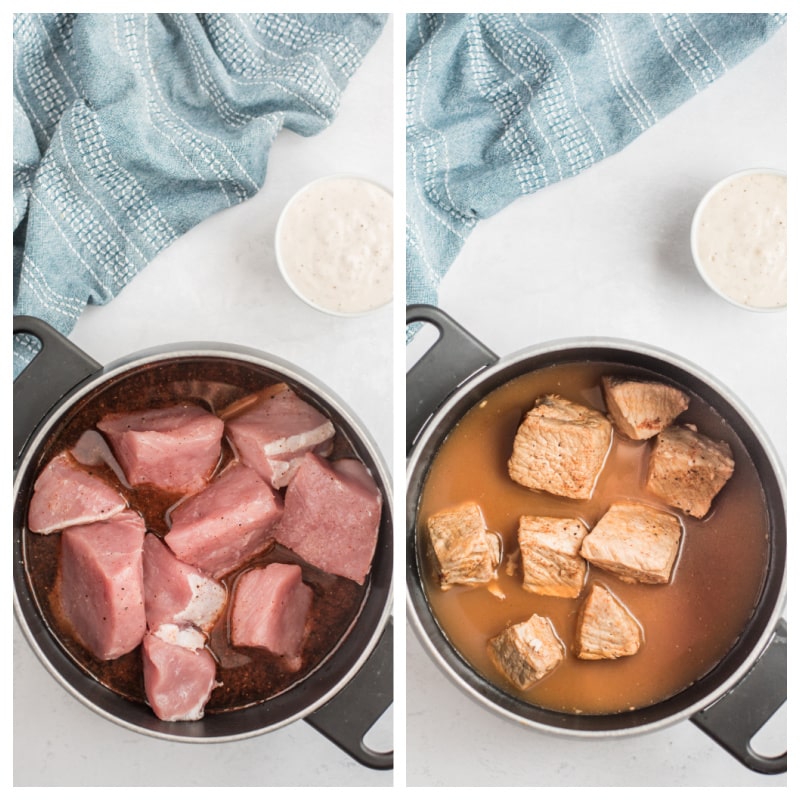 pork being cooked in saucepan