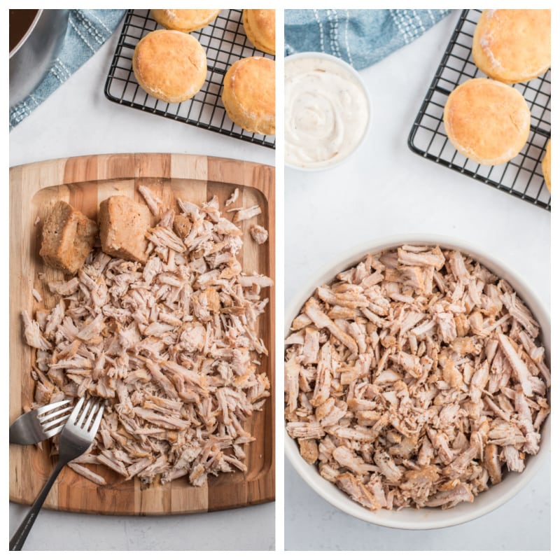 two photos showing pulling pork with fork and then bowl of pulled pork