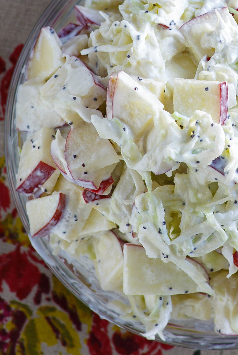 overhead close up of apple cole slaw in a bowl