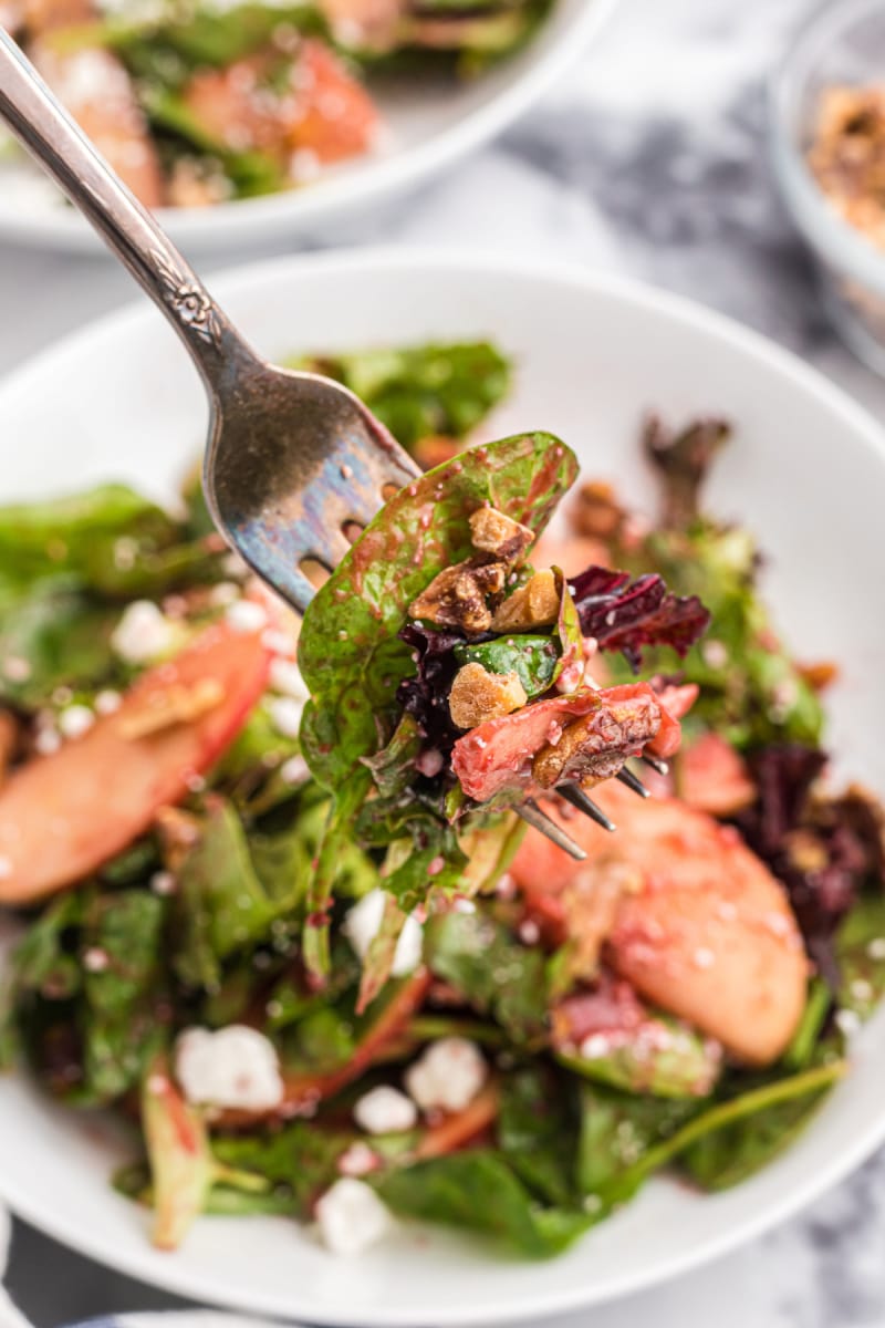 fork full of apple walnut salad