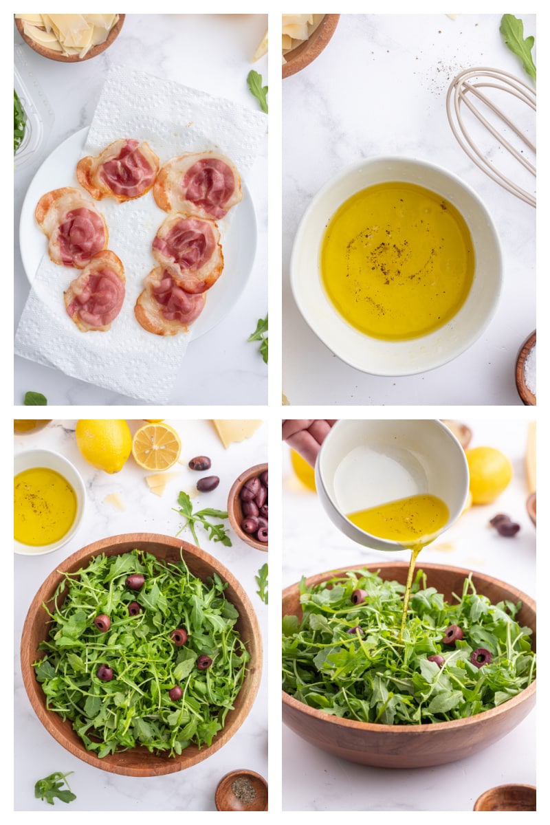 four photos showing how to make arugula salad