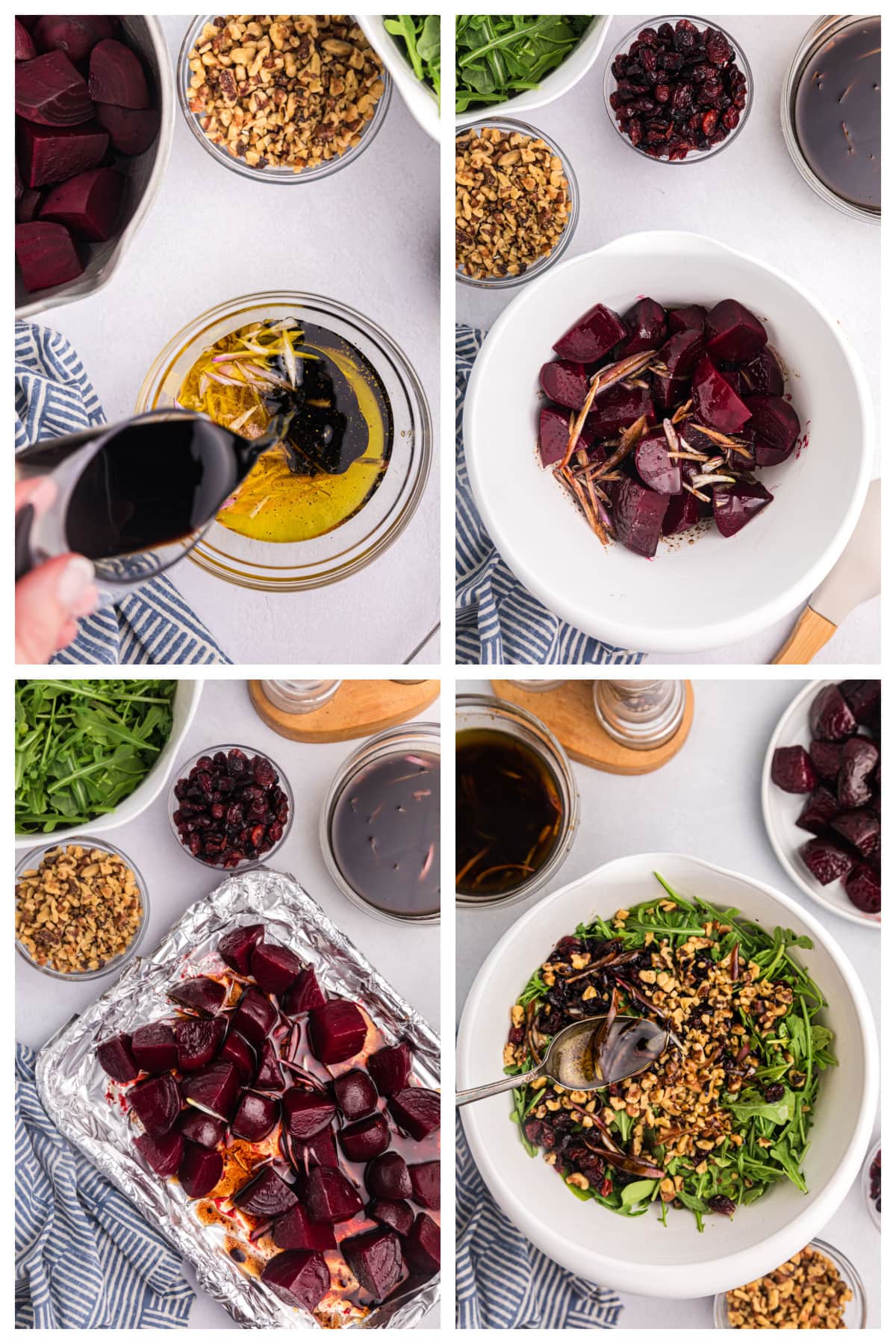 four photos showing how to make beet and goat cheese arugula salad