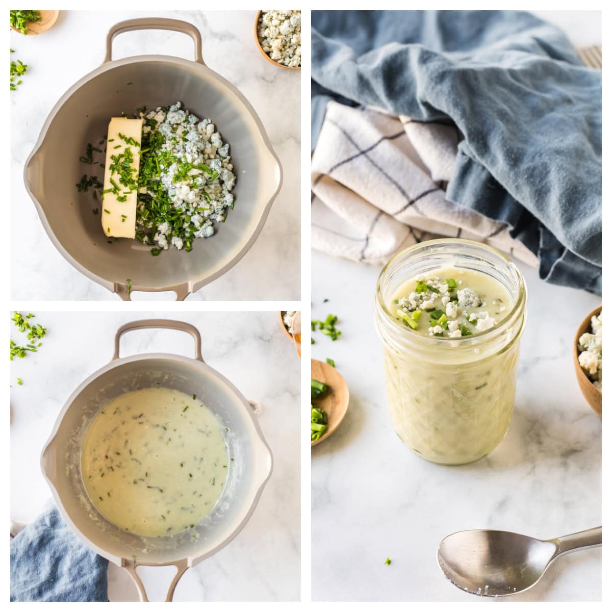 three photos showing how to make blue cheese steak sauce