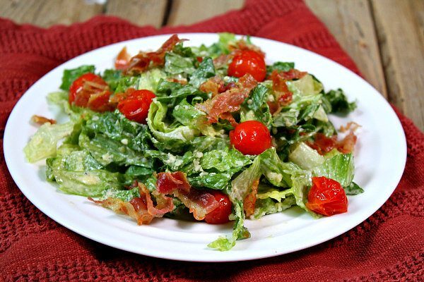 Caesar Salad with Pancetta and Roasted Tomatoes - recipe from RecipeGirl.com