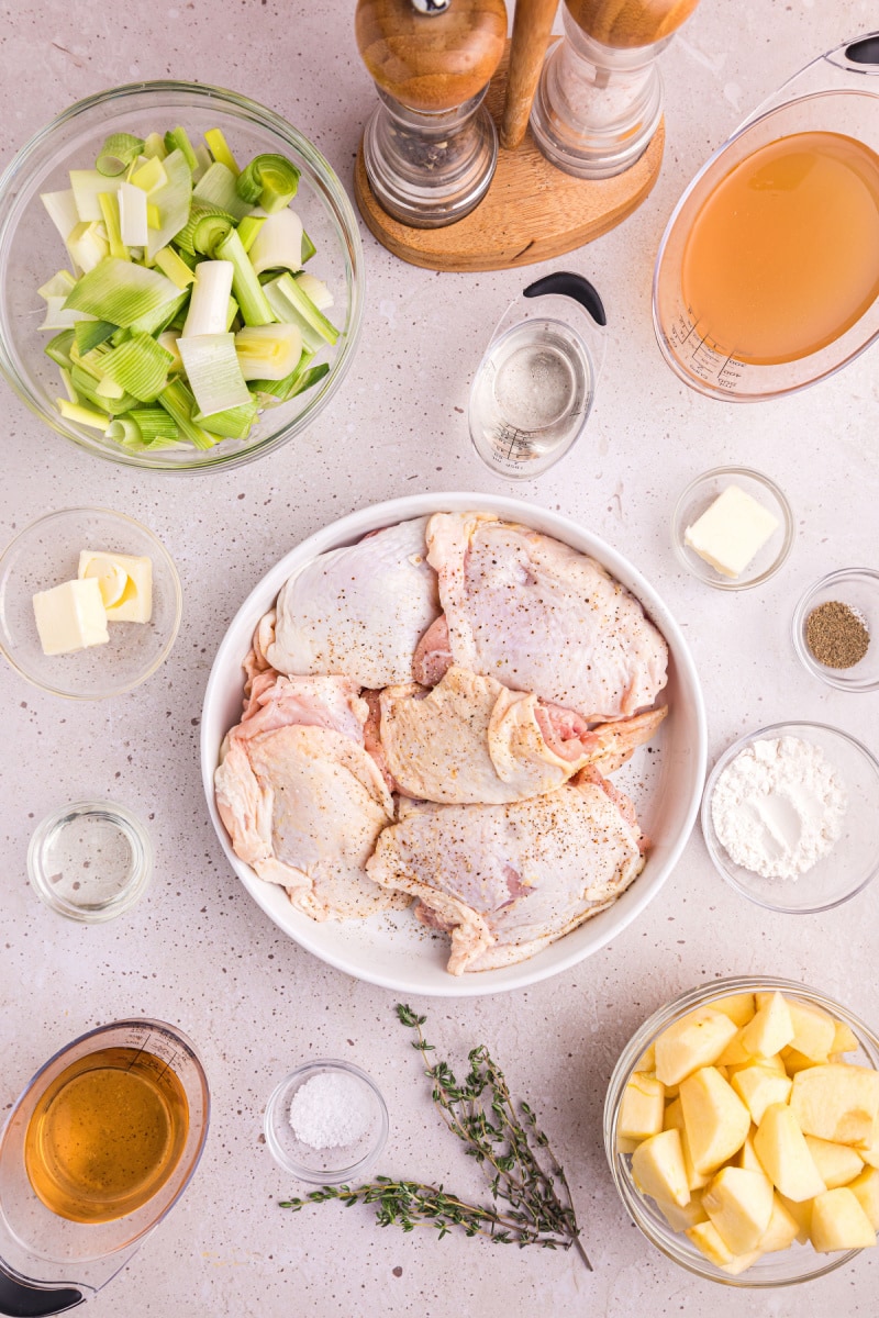 ingredients displayed for making chicken, leek and apple stew