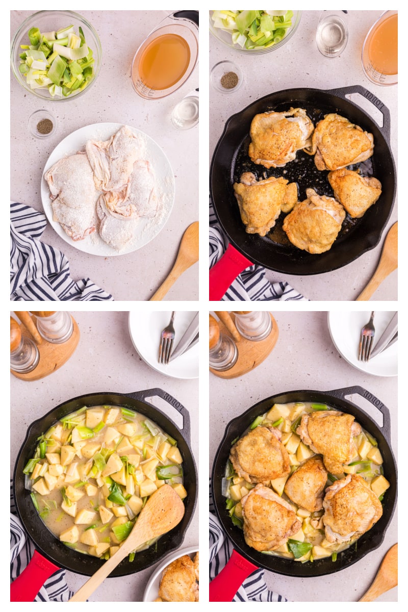 four photos showing how to make chicken, leek and apple stew