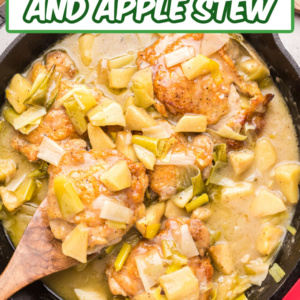 pinterest image for chicken, leek and apple stew