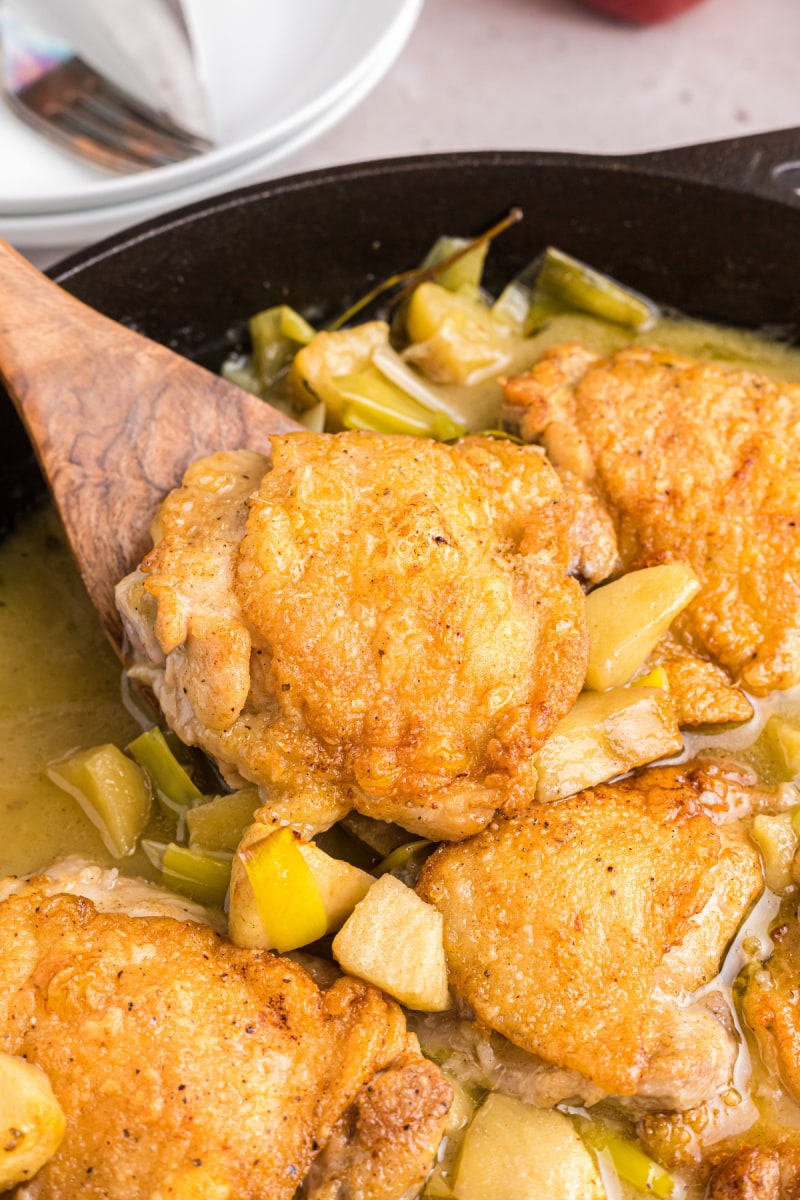 spooning chicken out of stew in skillet