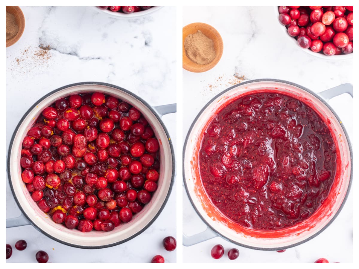 two photos showing making classic cranberry sauce in a pot