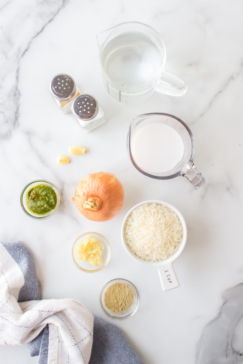 ingredients displayed for making coconut ginger rice