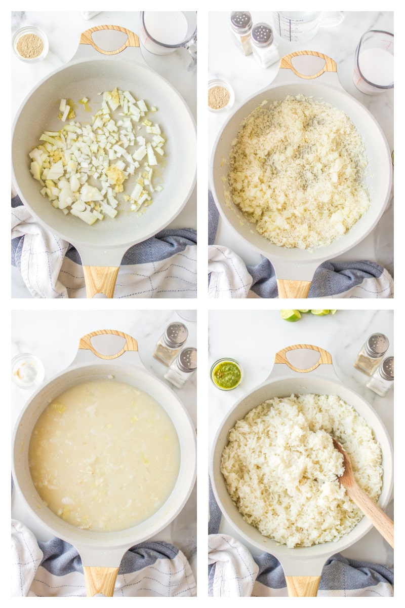 four photos showing how to make coconut ginger rice