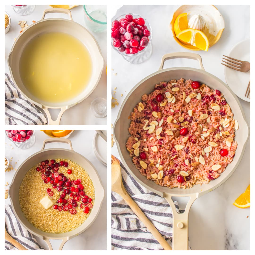 three photos showing how to make cranberry rice pilaf
