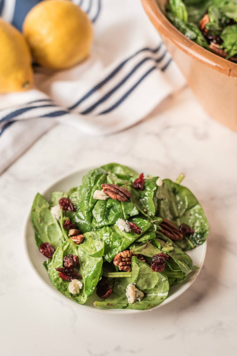one serving of cranberry spinach salad on white plate