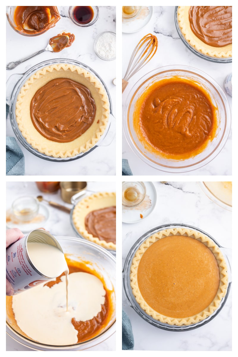 four photos showing how to make dulce de leche pumpkin toffee pie