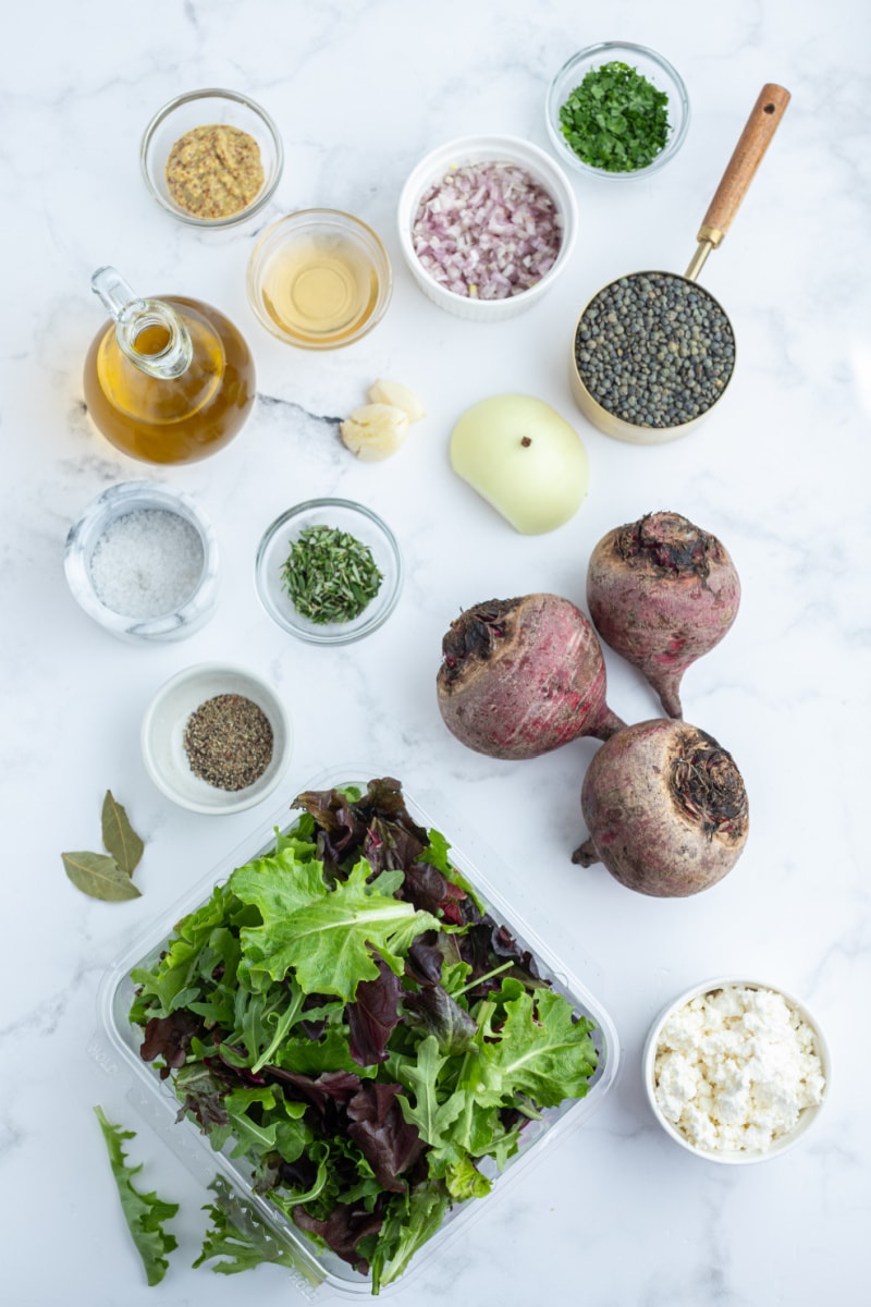 ingredients displayed for making french lentil and roasted beet salad