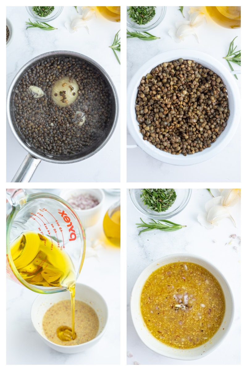 four photos showing how to cook lentils in pot and then making salad dressing