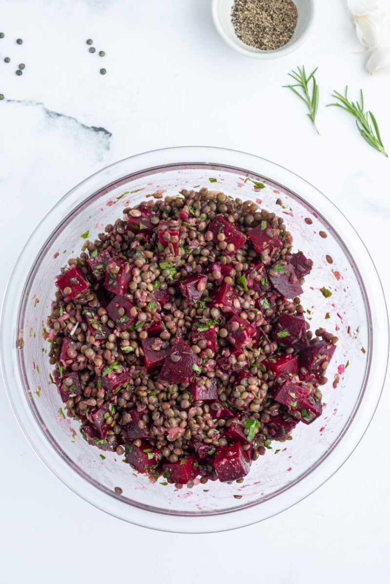 french lentil and roasted beet salad in bowl