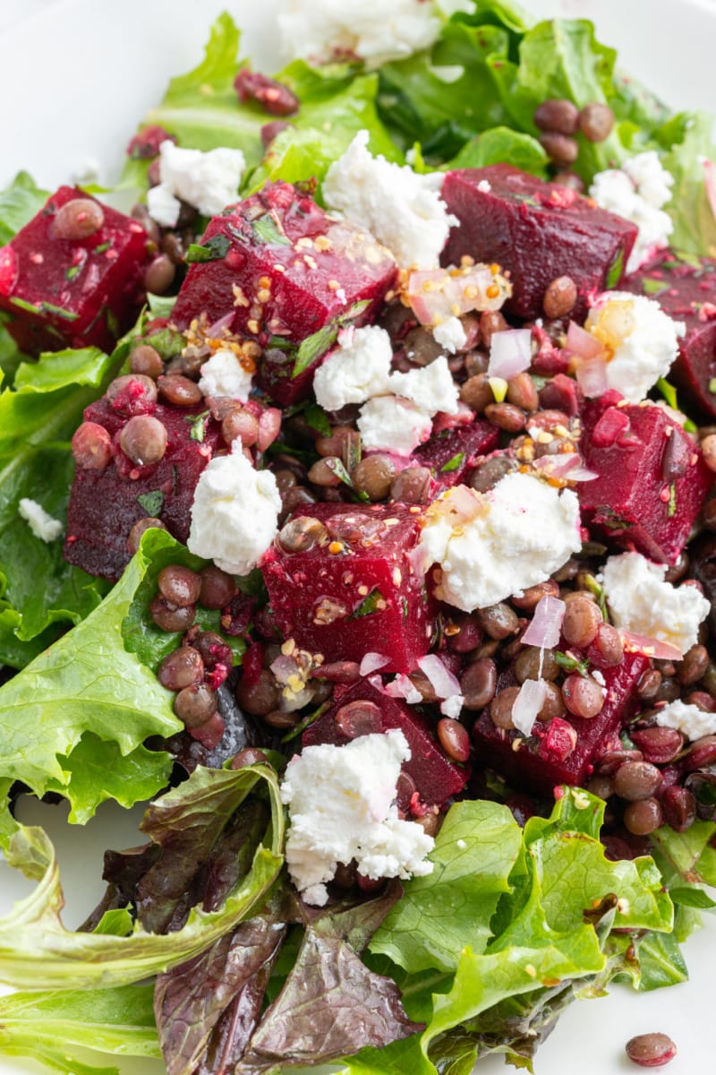 close up french lentil and roasted beet salad