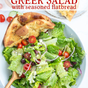 greek salad with seasoned flatbread pinterest pin