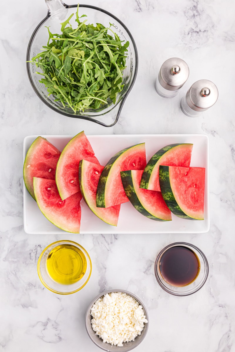 ingredients displayed for making grilled watermelon salad
