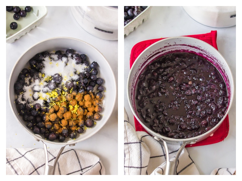 two photos showing how to make hot blueberry sauce in pan