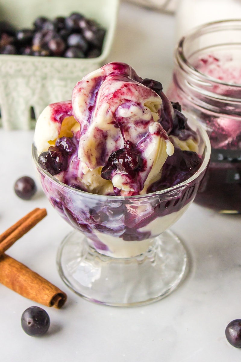 dish of ice cream with hot blueberry sauce on top