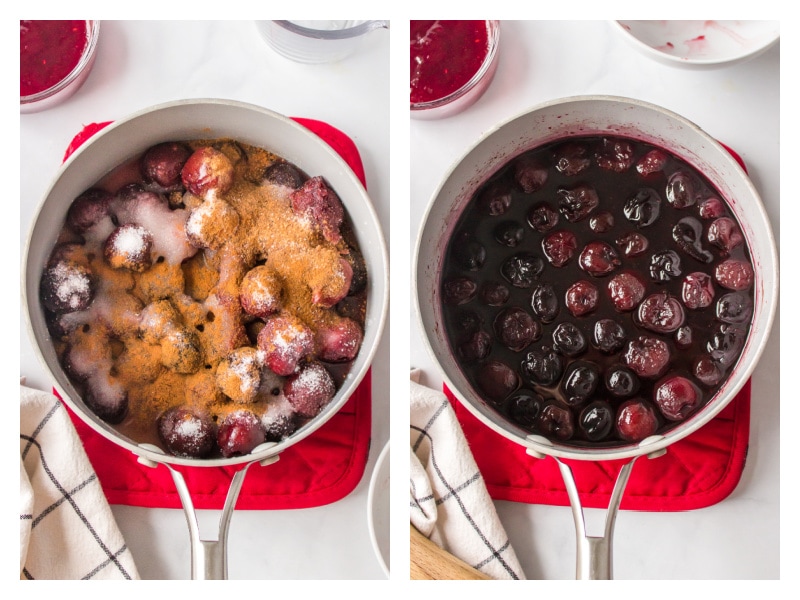 two photos showing making hot cherry sauce in pan