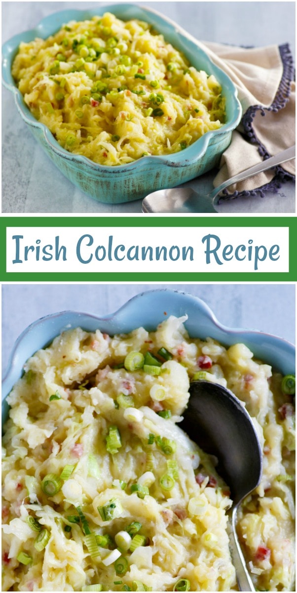 Traditional Irish Colcannon recipe from RecipeGirl.com #traditional #irish #colcannon #mashed #potato #potatoes #stpatricksday #recipe #RecipeGirl pinterest image for Colcannon