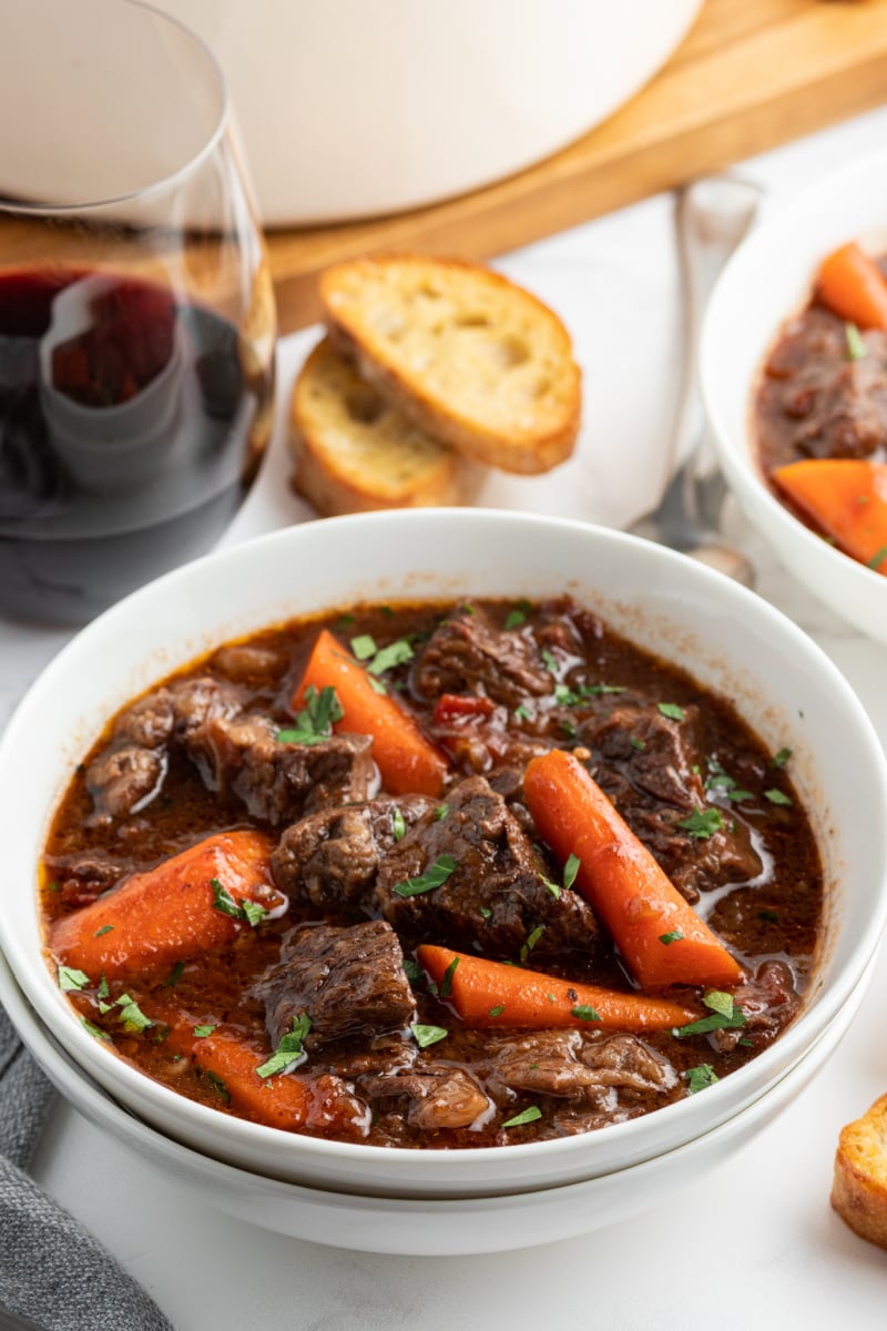 beef stew with red wine in white bowl