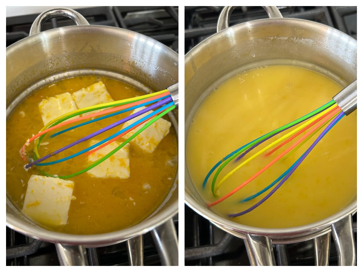 two photos showing making meyer lemon curd in pan