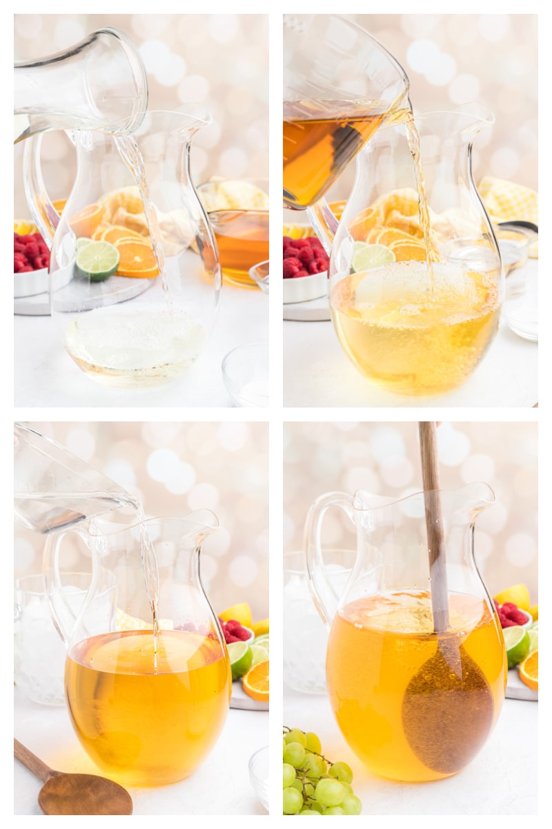 four photos showing how to mix white wine sangria in pitcher