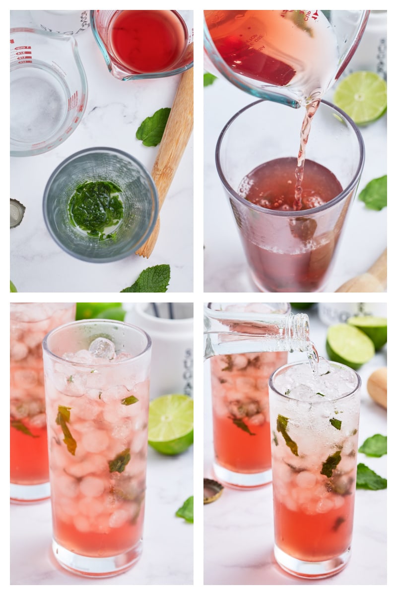 four photos showing process of making pomegranate mojitos