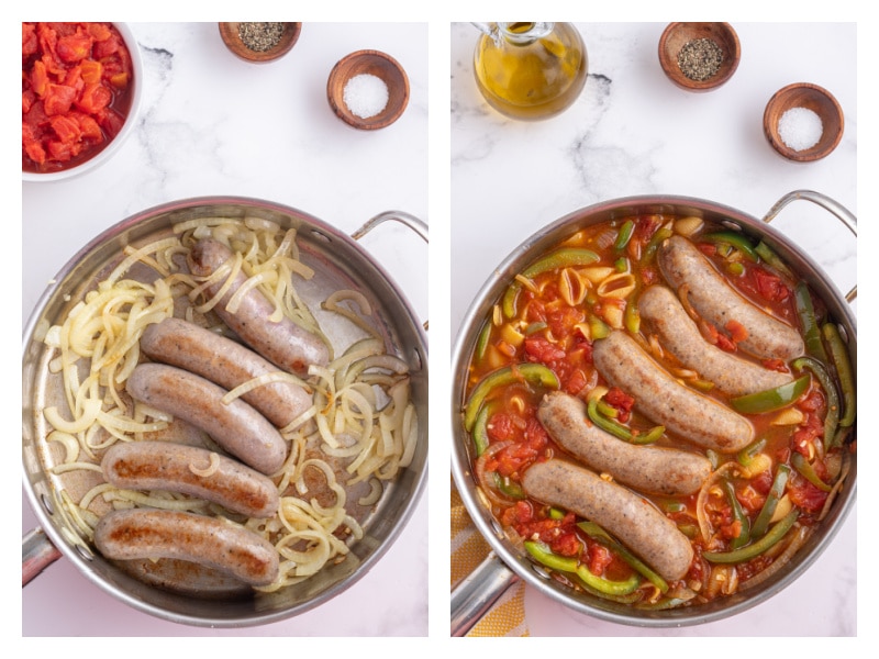 two photos showing cooking sausage and pepper stew in a pan