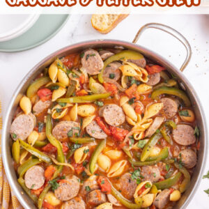 pinterest image for sausage and pepper stew