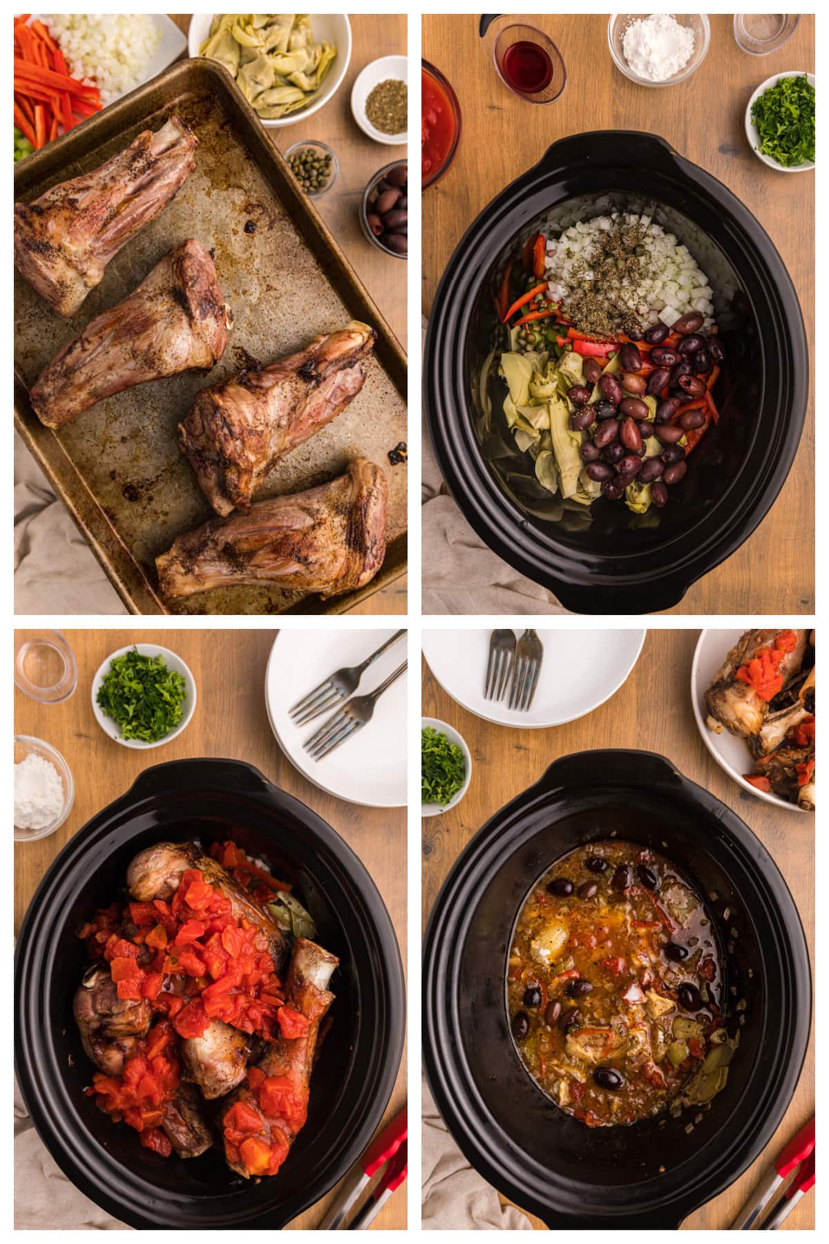 four photos showing how to make slow cooker lamb shanks