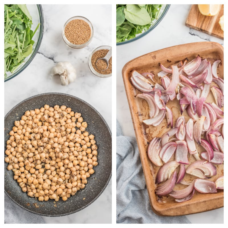 spiced chickpeas in skillet and roasted onions in sheet pan