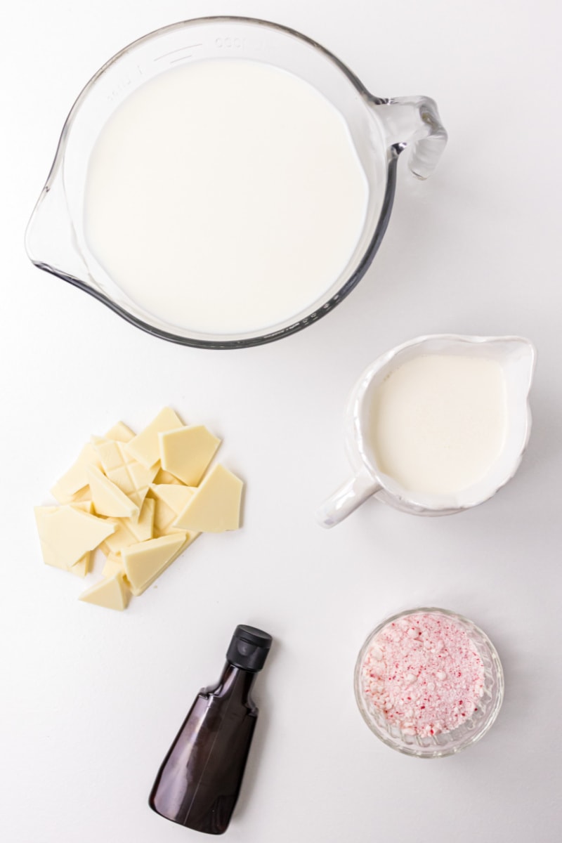 ingredients displayed for making white chocolate and peppermint hot chocolate