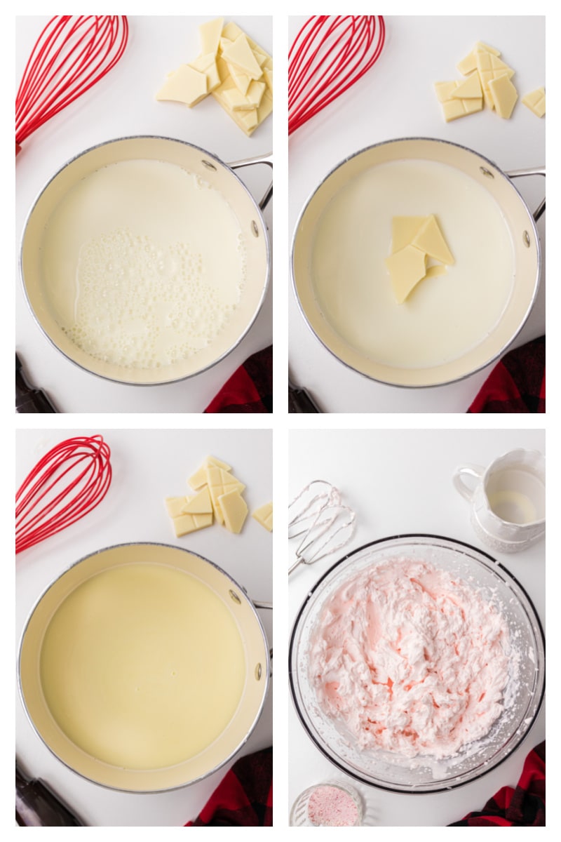 four photos showing making white hot peppermint chocolate