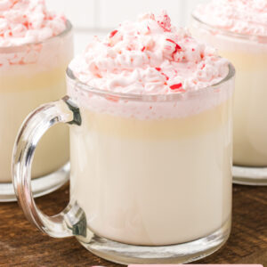 pinterest image for white chocolate and peppermint hot chocolate