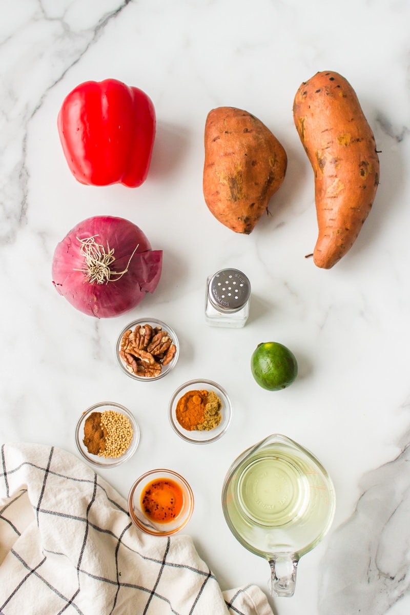 ingredients displayed for making yam and pecan salad