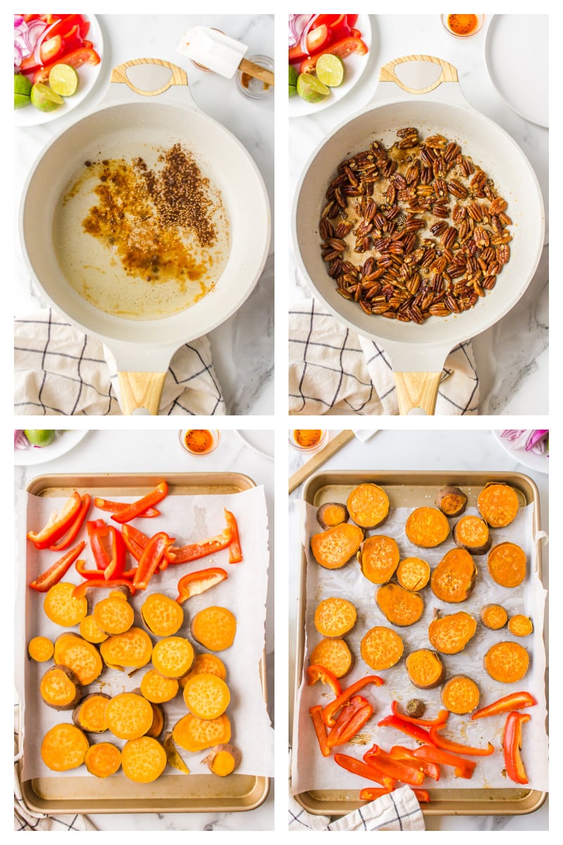 four photos showing how to make yams and pecans for salad