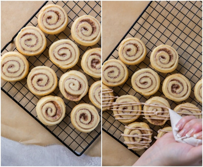 Adding icing to Cinnamon Bun Cookies