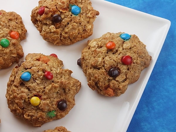 Agave and Honey Oatmeal M&M Cookies on a white platter