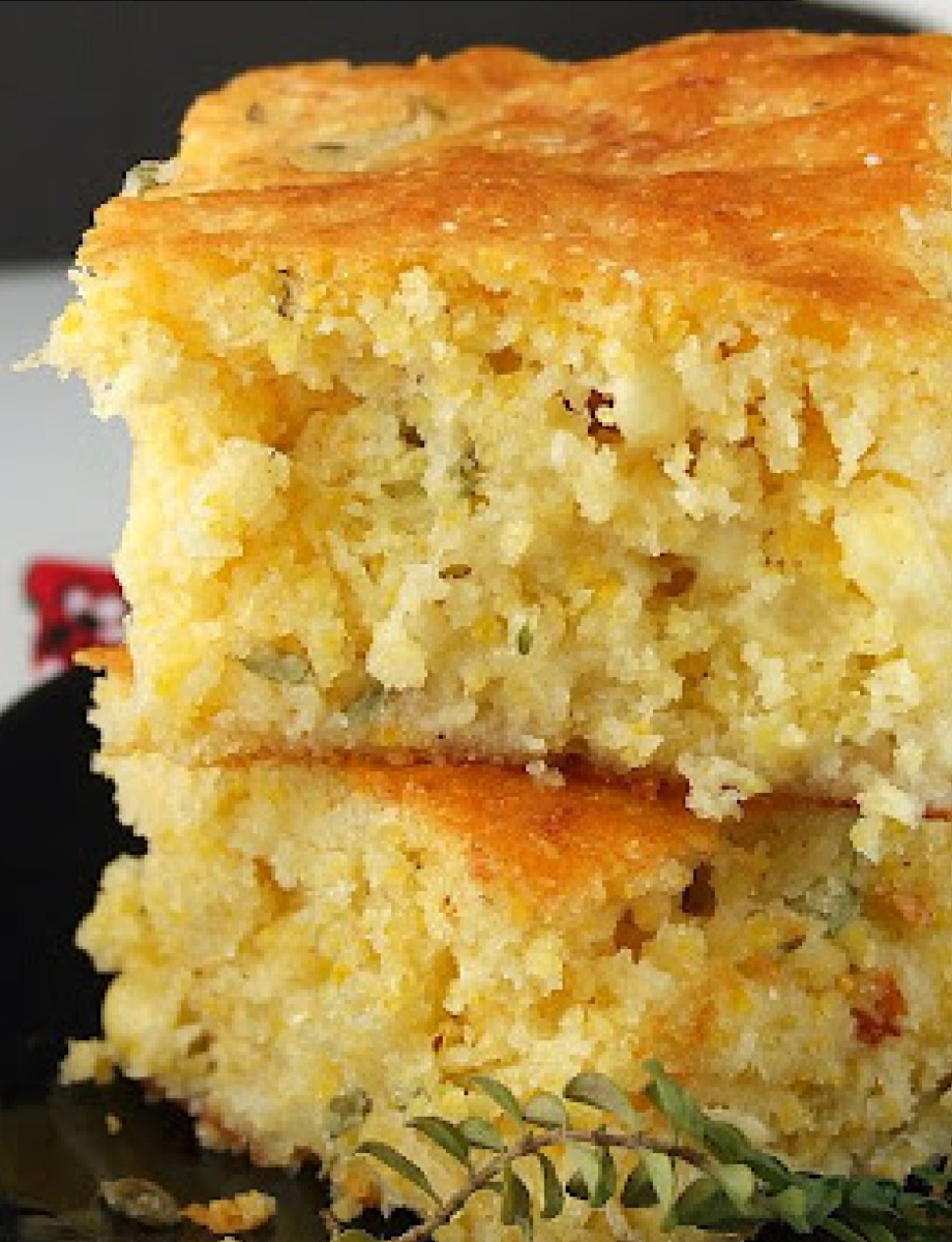 two pieces of brown butter cornbread stacked