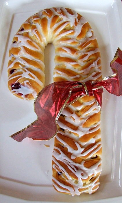 Candy Cane Coffee Cake with a ribbon