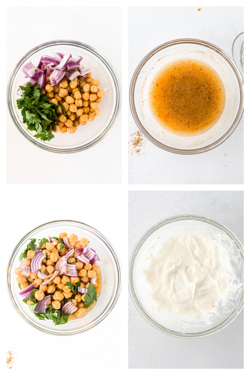 four photos showing how to assemble the ingredients for chickpea and spinach salad